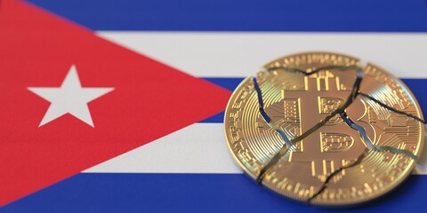 Fototapeta na wymiar Flag of Cuba and destroyed bitcoin. Cryptocurrency ban or restrictions related 3d rendering