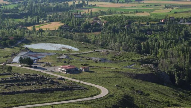 Panoramic view of Hattusa was the capital of the Hittite Empire in the late Bronze Age. Its ruins lie near modern Bogazkale. Corum, Turkey.