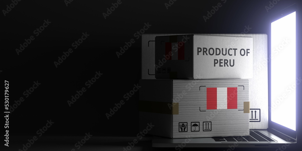 Poster cartons with product of peru text and flag on the laptop, black background. 3d rendering