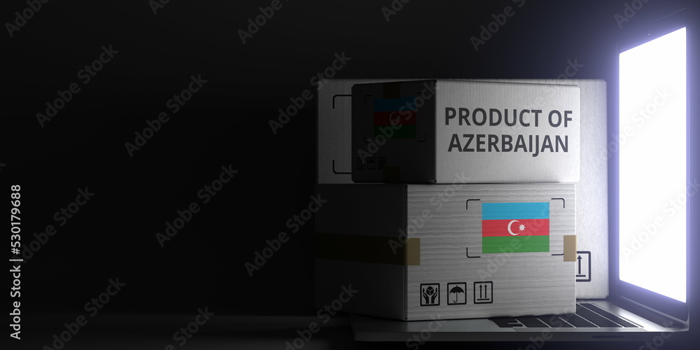 Poster cartons with product of azerbaijan text and flag on the laptop, black background. 3d rendering