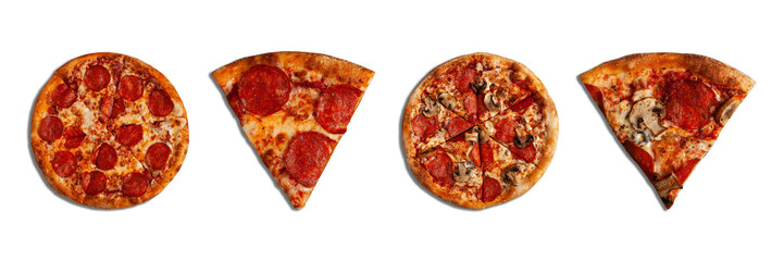 Tasty pepperoni pizza and pizza with mushrooms with shadows.