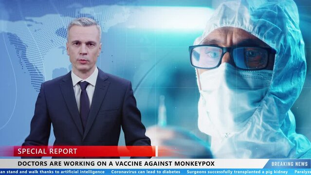 Male TV presenter commenting news about doctors who working on vaccine against monkeypox on TV live news channel