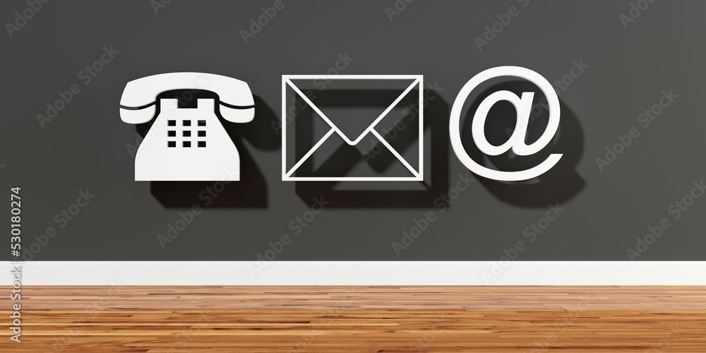 Wall mural white telephone, envelope letter and e-mail symbols floating on dark gray wall and wooden floor room