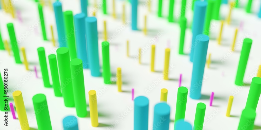 Poster lines of cylinders with different height on white background, abstract modern data visualisation, sc
