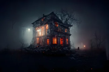 Türaufkleber dark haunted house with illuminated windows at spooky misty dark halloween night, neural network generated art. Digitally generated image. Not based on any actual scene or pattern.  © lucky pics