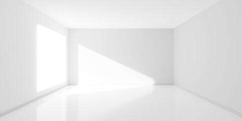 Empty white interior room with large window and sun shadow, modern architecture template background