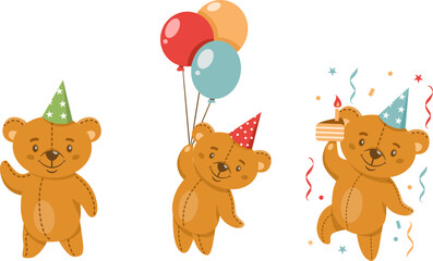 Vector children's set. Cute bears celebrating a birthday. Teddy bear flying on on balloons. Collection for children's birthday. 