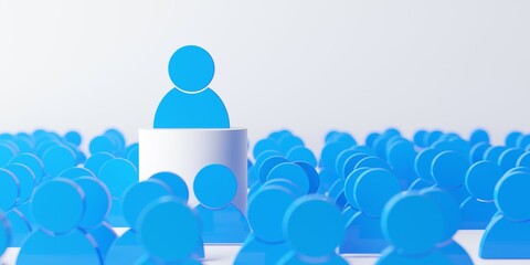 Group of blue people figures with one standing out over white background, standing out, individuality or uniqueness concept