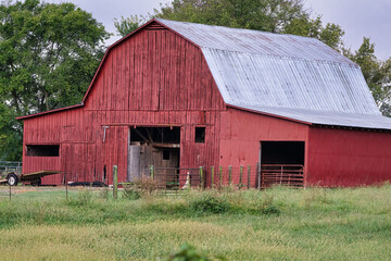 Obraz premium An old red barn in the summer pasture, in Tennessee.