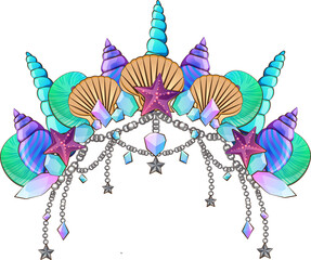 Crown or tiara in nautical style of gold and shells isolated on white background. Dazzling Crown Modern Mermaids, Isolate individual PNG objects. © SamsonFM