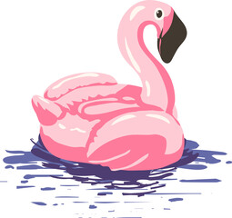 girl in the pool at the pink flamingo, abstract summer time illustration card with girl swimming on pink flamingo float in circle. Isolate individual PNG objects.
