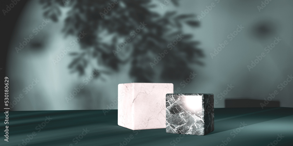 Poster wooden cube blocks in a room with shadow of trees - 3d render