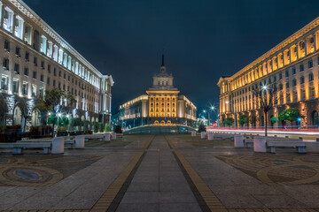 Largo ensemble, National Assembly and city lights at night, Sofia, Bulgaria