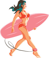 surfing girl walking in the beach looking at the waves keep the surf, Trendy flat exaggerated style isolated object people, Isolate individual PNG objects.