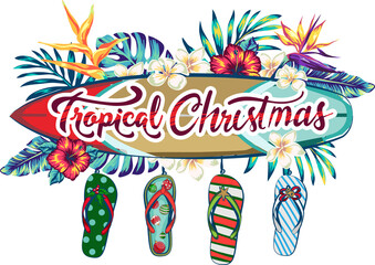 design tropical Christmas, Christmas decoration in tropical style, Christmas style sandals on the beach, Isolate individual PNG objects.
