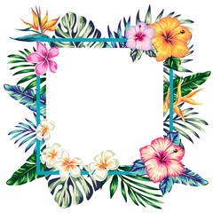 exotic flowers and leaves frames . tropical a covers hawaiian exotics backgrounds palm leaves with frames use for invitation flyer. Isolate individual PNG objects.