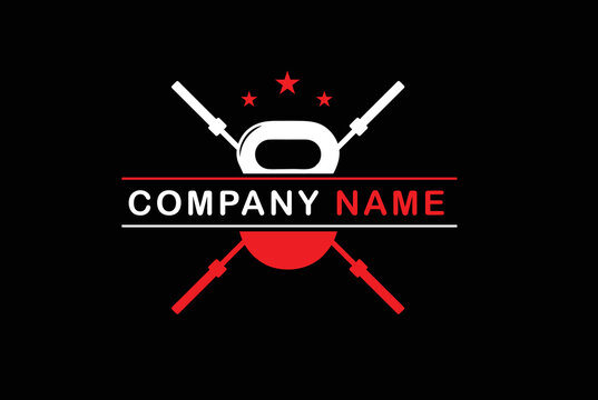 Fitness sport club isolated vector on black background, kettlebell and two crossed barbells