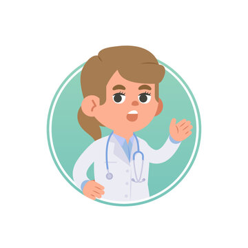 A woman doctor avatar in circle icon design character cartoon illustration vector on white background. Medical concept