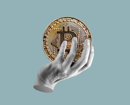 Hand holding bitcoin coin. Crypto currency, digital money, finance concept. Contemporary art collage.