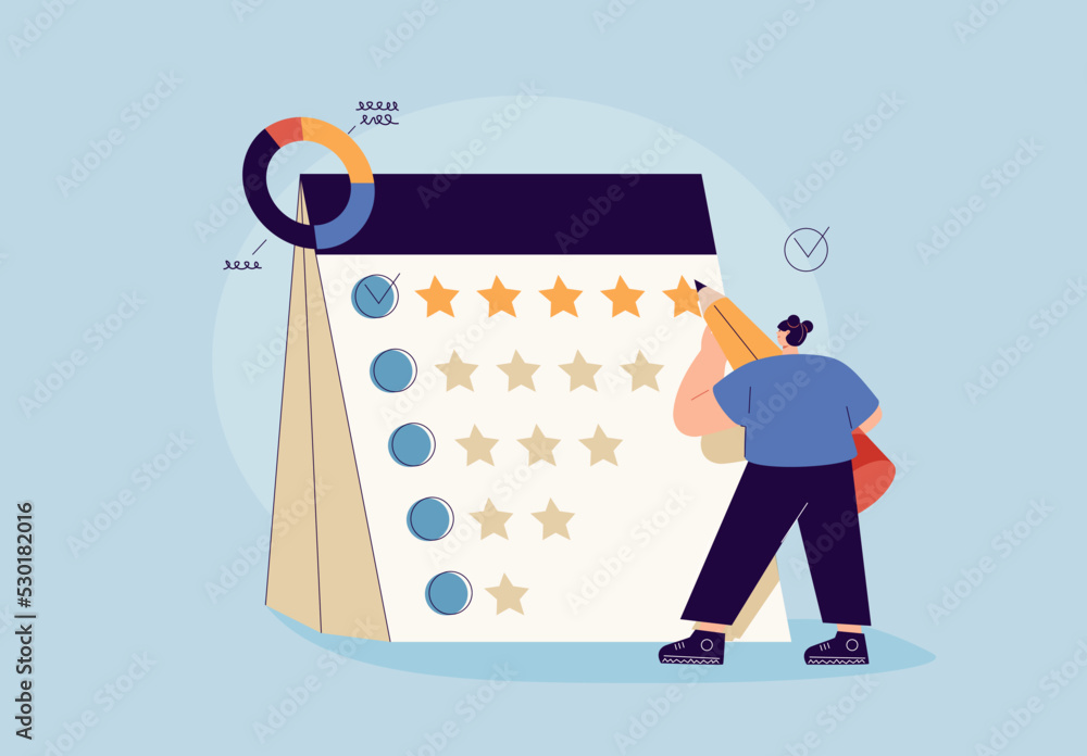 Poster characters giving five star feedback. vector customer review concepts. reviews stars with good and b