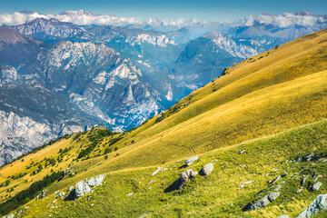 Italian Dolomites alps from above idyllic Monte Baldo, Malcesine, Italy