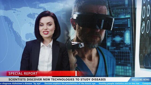 Female TV presenter in live TV news program reporting on discovering new technologies in medicine for studying diseases