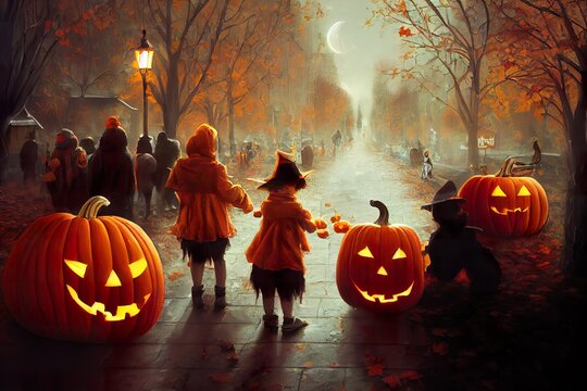 Trick or trear kids at Halloween concept art illustration