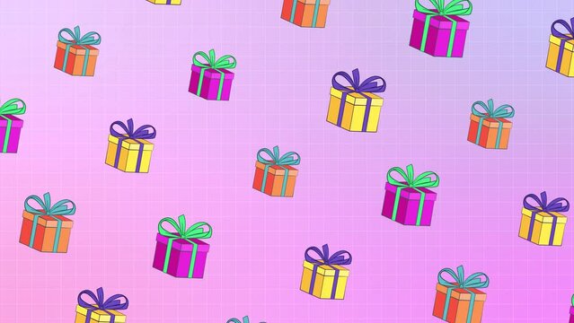 Animated pattern of gift boxes. pop art style looped animation. Merry Christmas and Happy New Year, holidays and birthday concept. Background or banner with presents. surprise, bonus, reward, prize
