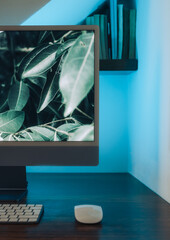 Close up of large computer screen on wooden desk with white mouse on wooden desk with blue teal...