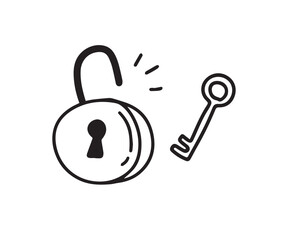 doodle lock and key. Hand drawn sketch style. Protection, Isolated key to solving the problem © Yanka