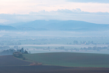 Foggy rural landscape of Turiec region in northern Slovakia.