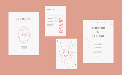 Elegant wedding invitation with hand illustration. Flower and leaves design card. Save the date template