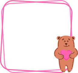Fototapeta premium Square Frame with bear and Heart for the Design of Invitations, Postcards, Posters, Banners. Png