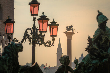 San Marco Square, with lion column, campanile and street light, Venice, Italy - obrazy, fototapety, plakaty