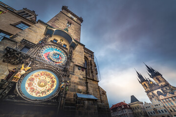 Astronomical clock in Prague old town square at night, Czech Republic