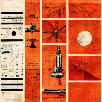 Science Fiction posters of space stations as mechanical drawings