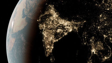 View on the Earth from space, view on the India, city lights seen from orbit