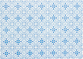 Classic ornamental mosaic of tiles blue and white with winter flower in the center 
