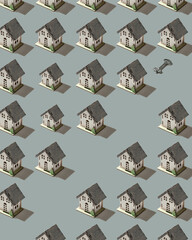 pattern with houses on a light gray background. models of houses in miniature and the key to the front door. sale and purchase of real estate, apartments. poster or postcard cover for a real estate