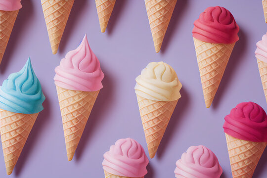 Colorful Ice Cream Cone Pattern On Pastel Pink Background. 3d Rendering