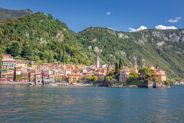 Idyllic Varenna village skyline from Lake Como at sunset, Northern Italy