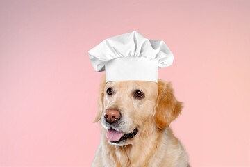 Dog in a chef's hat for restaurant, dog cafe concept