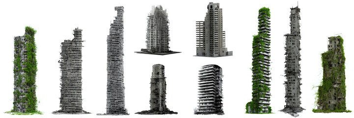 Fototapeta premium collection of ruined skyscrapers, tall overgrown post-apocalyptic buildings isolated on white background