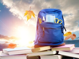 Big set of books and bag on sky background. Concept of education and reading.