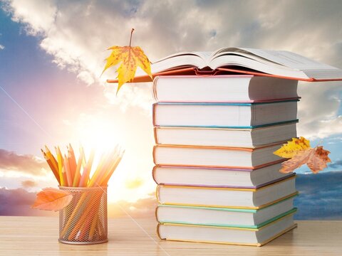 Big set of books and bag on sky background. Concept of education and reading.