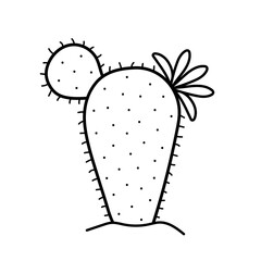 Cute cactus with flower. Hand drawn prickly plant in doodle sketch style. Vector illustration isolated on white background.