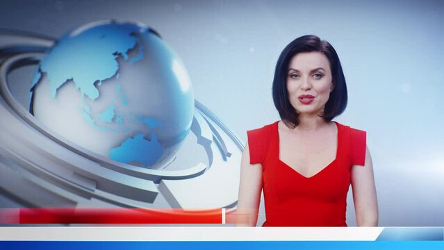 Television broadcasting and report with positive female news anchor from virtual studio on live TV news channel