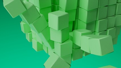 A set of many soft green cubes that are collapsing under black-green lighting background. Conceptual 3D illustration of blockchain, financial system and personal data analysis.