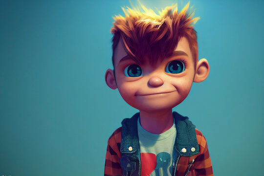 Cute illustrated kid, 3d cartoon of a boy, goofy and funny
