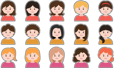 Set of woman avatar icon faces with frame border. Vector illustration isolated on transparent background.